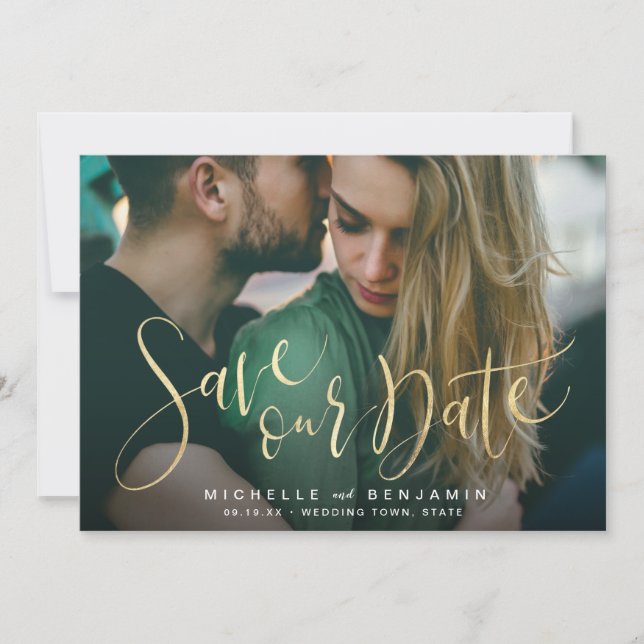 Moderne Goldskript-Foto Hochzeit speichern das Dat Save The Date (Vorderseite)
