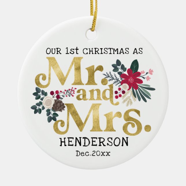 Moderne Goldtypografie 1. Weihnachtsmr und -mrce Keramik Ornament (Vorne)