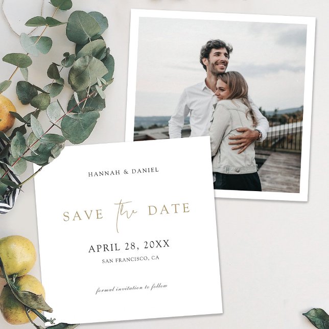 Moderne Goldtypografie-Square-Foto Hochzeit Save The Date (Von Creator hochgeladen)