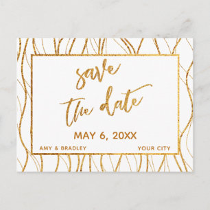 Moderne Goldwaagen Handschrift Save the Date weiß Ankündigungspostkarte