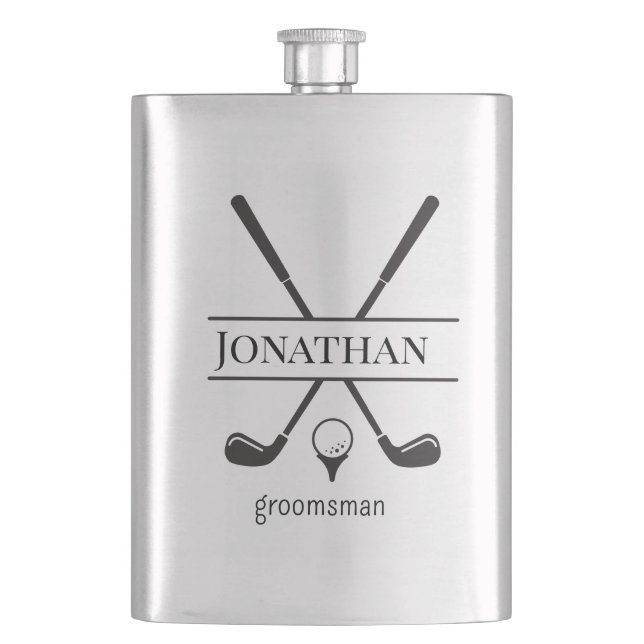 Moderne Golf Clubs Personalisiert Bachelor Party Flachmann (Vorderseite)