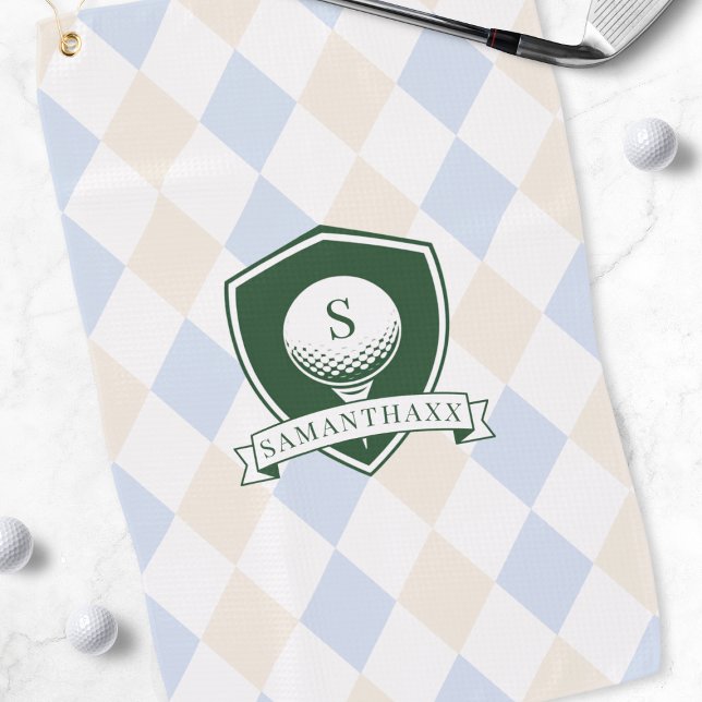 Moderne Golfball mit blauem Muster und grüner Name Golfhandtuch (Modern Blue Pattern Green Golf Ball Name Monogram Towel)