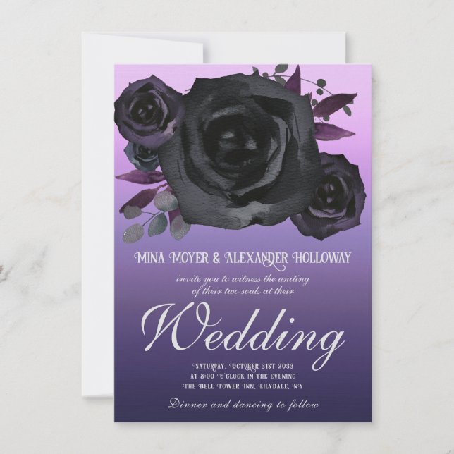Moderne Goth Lila Black Rose Hochzeit Einladung (Vorderseite)