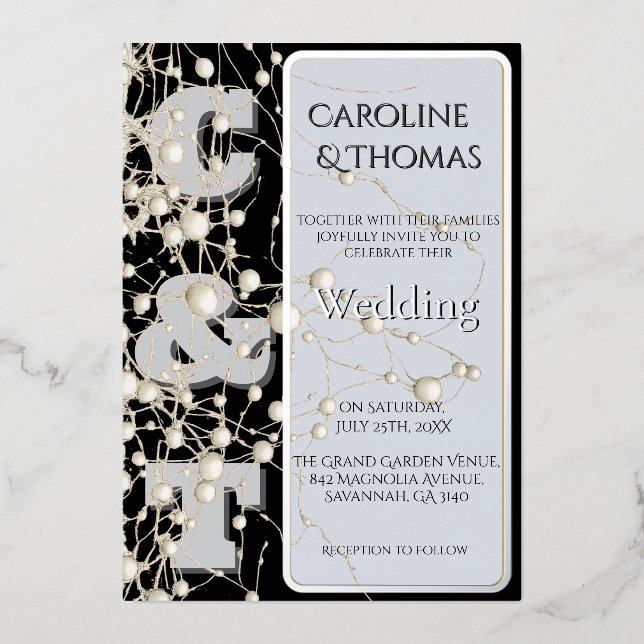 Moderne gotische Chic Pearl Gold Script Hochzeit Folieneinladung (Vorderseite)