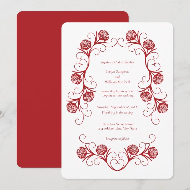 Moderne gotische Rose Wirbel Crimson Red Wedding Einladung (Vorne/Hinten)