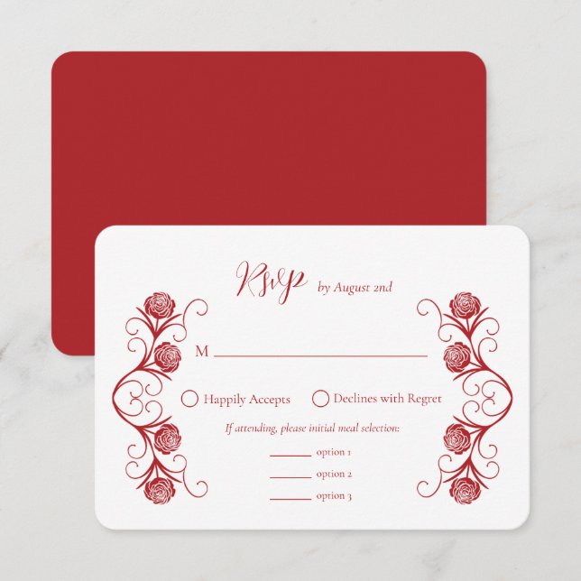 Moderne gotische Rose Wirbel Crimson Red Wedding RSVP Karte (Vorne/Hinten)