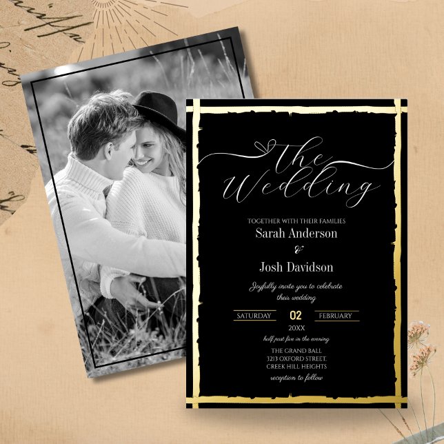 Moderne gotische Schwarz Golden Foto Hochzeit Folieneinladung (Von Creator hochgeladen)