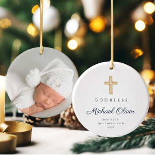 Moderne Gott segne religiöses Kreuz Taufe Keramik Ornament