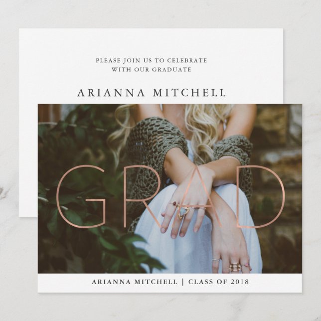 Moderne Grad Imitats Rose Gold Foto Graduation Par Einladung (Vorne/Hinten)