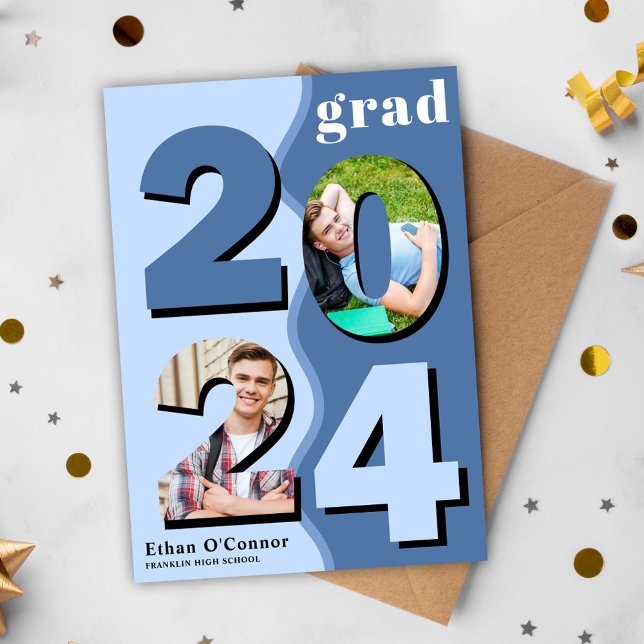 Moderne Graduate Class 2024 Foto Abschluss Ankündigung (Modern Blue Wavy Class Of 2024 Photo Graduation Announcement)