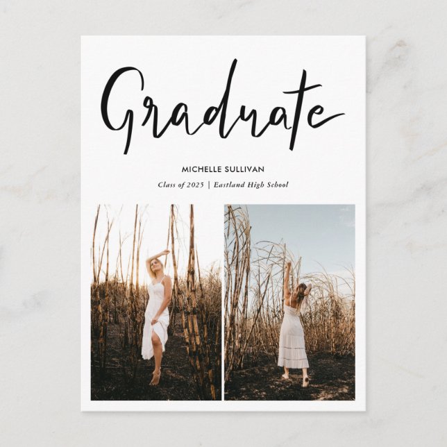 Moderne Graduate Elegante Script | Grad zwei Fotos Ankündigungspostkarte (Vorderseite)