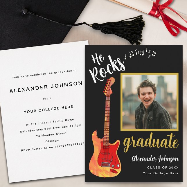 Moderne Graduate Foto Cool Music Graduation Party Einladung (Modern graduate photo cool flame electric guitar music Graduation party invitation)