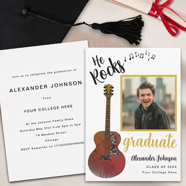Moderne Graduate Foto Cool Music Graduation Party Einladung (Modern graduate photo country music rustic guitar Graduation party invitation)