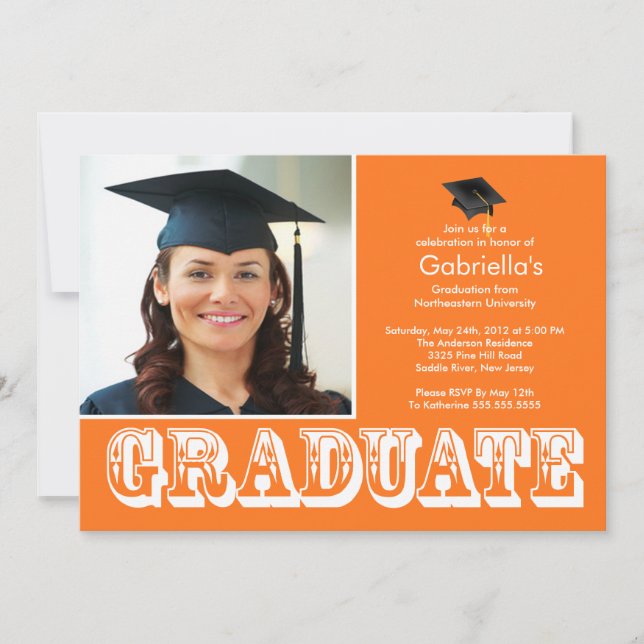Moderne Graduate Orange Foto Graduation Party Einladung (Vorderseite)