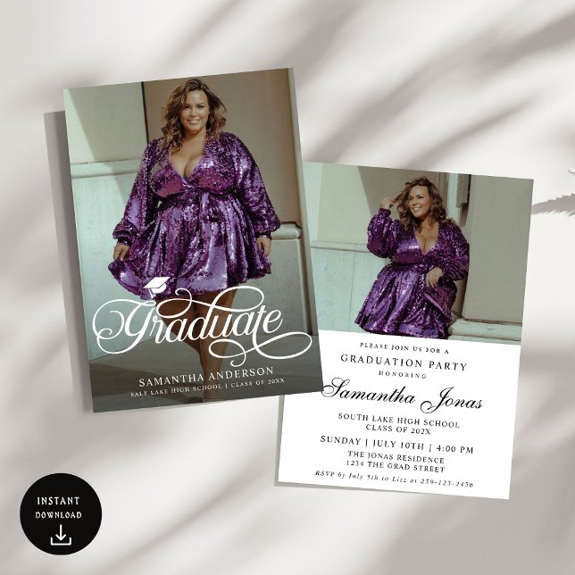 Moderne Graduate Script 2 Fotos Graduation Party Einladung (Von Creator hochgeladen)