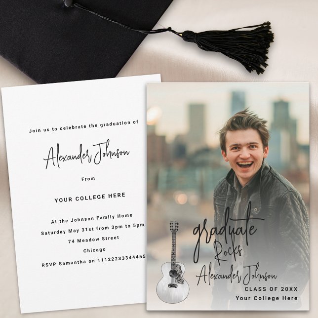 Moderne Graduate Vertical Foto Graduation Party Einladung (Modern vertical photo Graduation announcement party invitation cool trendy script and guitar)
