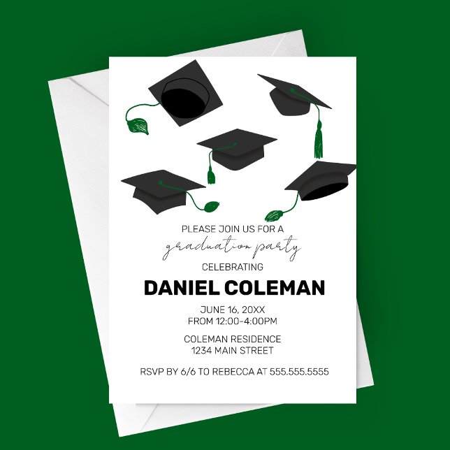 Moderne Graduiertengruppe "Höherstufung" Einladung (Green Tassel Hat Toss Graduation Party invitation)