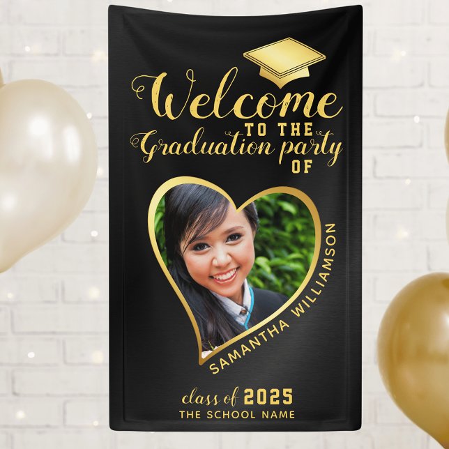 Moderne Graduiertenparty Black Gold Foto Willkomme Banner (Von Creator hochgeladen)
