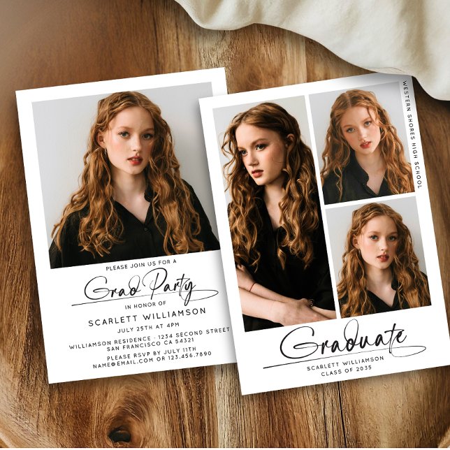 Moderne Graduierungspartei 3 Foto Collage Script Einladung (Von Creator hochgeladen)