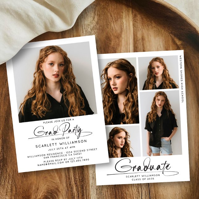 Moderne Graduierungspartei 4 Foto Collage Script Einladung (Von Creator hochgeladen)