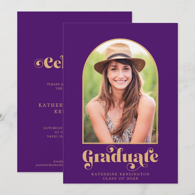 Moderne Graduierungspartei für Lila Gold-Arch-Foto Einladung (Vorne/Hinten)