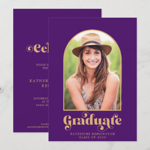 Moderne Graduierungspartei für Lila Gold-Arch-Foto Einladung