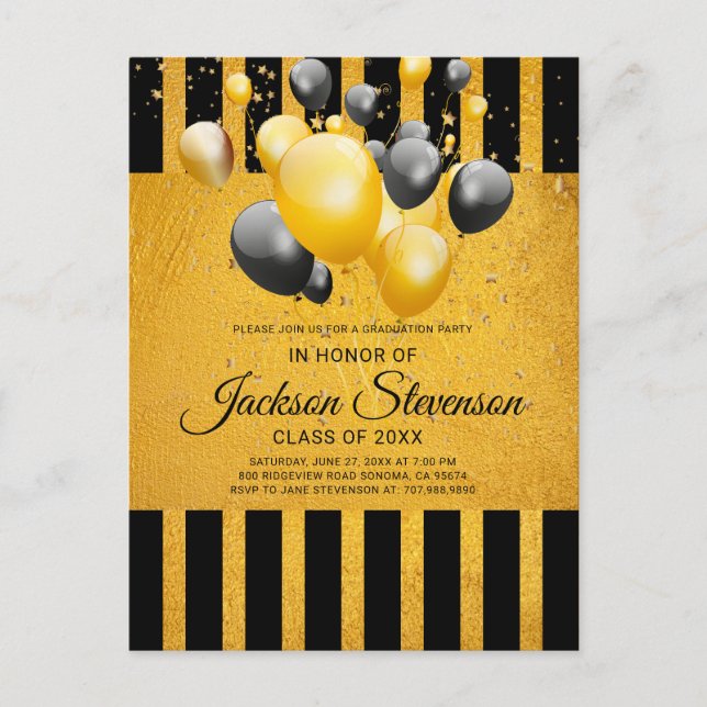 Moderne Graduierungsparty mit Gold auf schwarzen S Einladungspostkarte (Vorderseite)