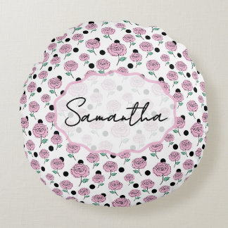 Moderne Grafik mit rosa Rose und schwarzen Punkten Rundes Kissen