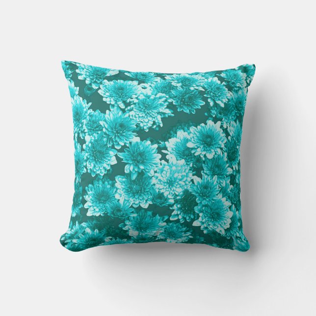 Moderne grafische Dahlia Muster, Aquamarin und Aqu Kissen (Vorderseite)