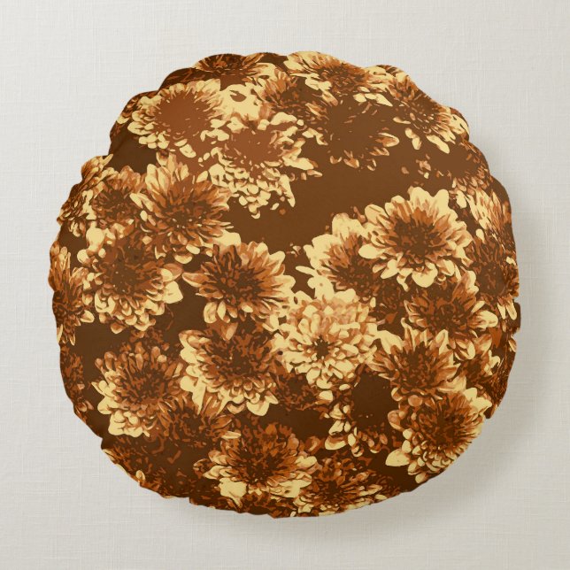 Moderne grafische Dahlia Muster, Braun und Gold Rundes Kissen (Vorderseite)