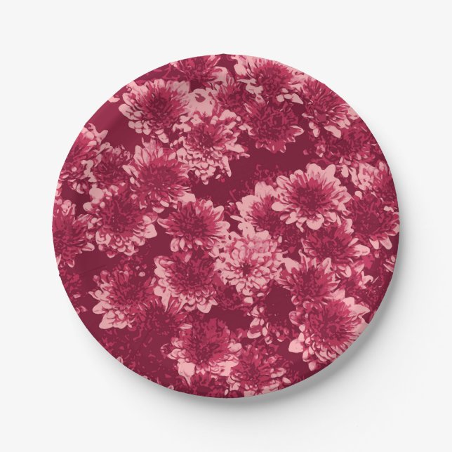 Moderne grafische Dahlia-Muster, Burgund und Rosa Pappteller (Vorderseite)