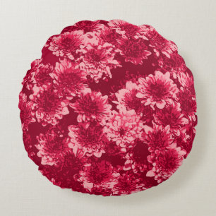Moderne grafische Dahlia-Muster, Burgund und Rosa Rundes Kissen