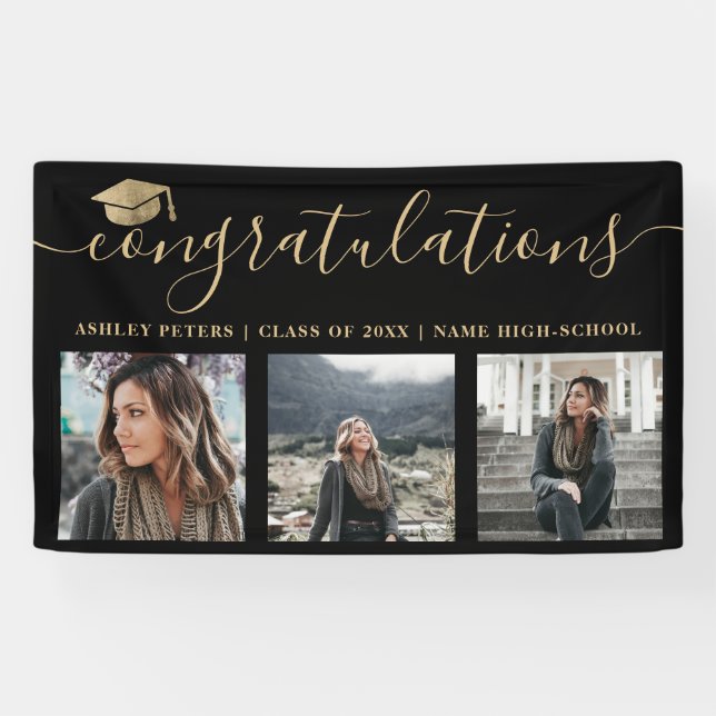 Moderne Gratulationen Drehbuch 3 Foto Gold Schwarz Banner (Horizontal)