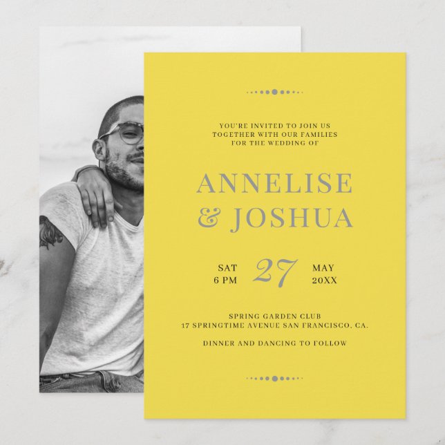 Moderne, grau-gelbe Hochzeit mit einfachem Foto Einladung (Vorne/Hinten)
