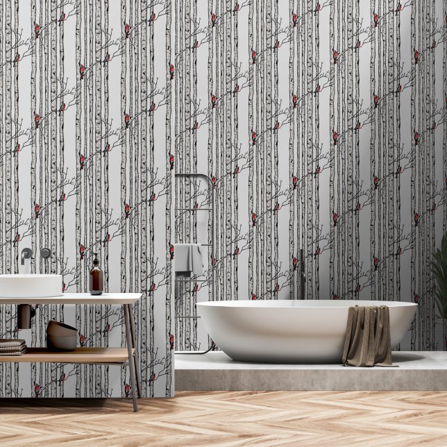 Moderne Graubäume und Vögel des Roten Kardinals Tapete (Badezimmer)