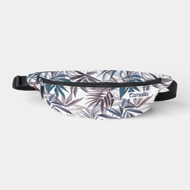 Moderne graue blaue tropische Leaf Name Custom Tra Bauchtasche (Vorderseite)