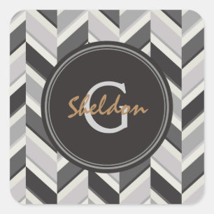 Moderne graue Chevron-Geometrie-Muster-Monogramm Quadratischer Aufkleber
