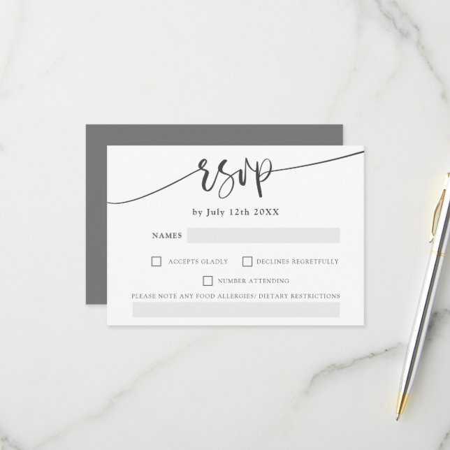 Moderne, graue, fette Schrift, elegante uAwg Hochz RSVP Karte (Vorderseite/Rückseite Beispiel)