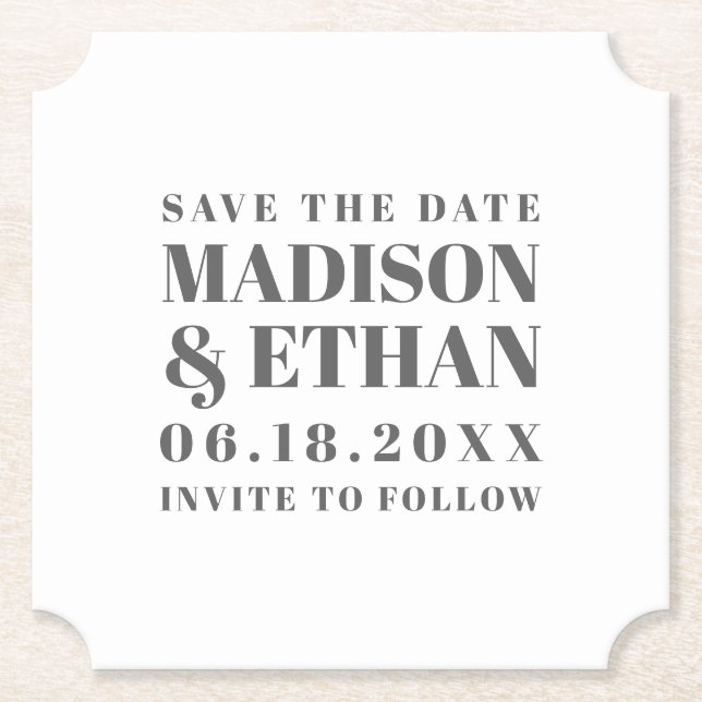 Moderne graue fette Typografie Save-the-Date Untersetzer (Vorderseite)
