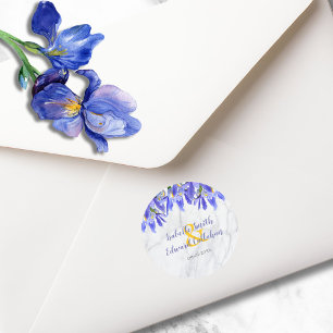 Moderne graue Marmor-Royalblaue Iris Blumenmuster Runder Aufkleber