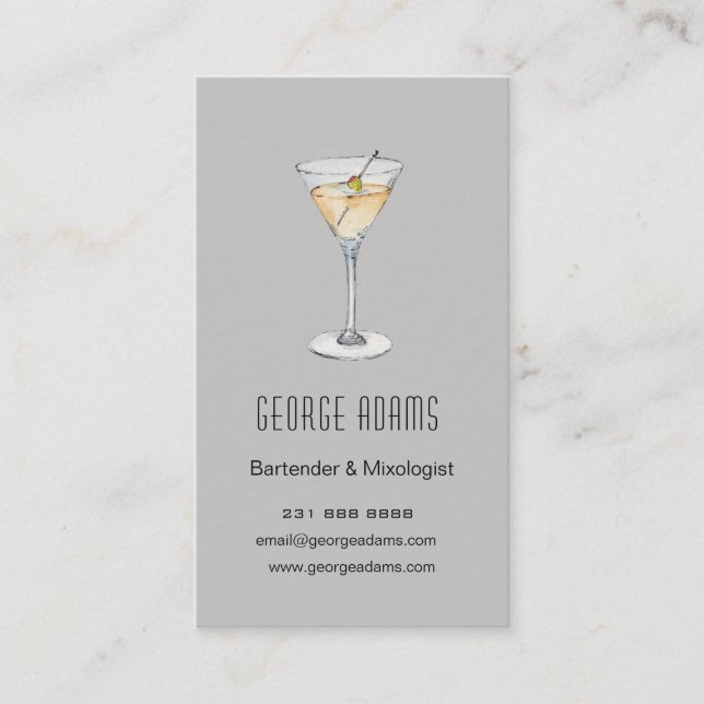 Moderne graue Martini-Barkeeper-Visitenkarte Visitenkarte (Vorderseite)