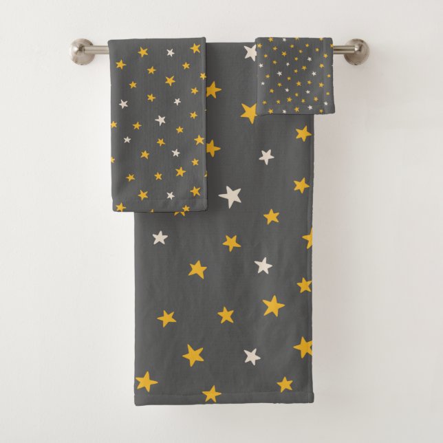 Moderne graue Muster, weiße gelbe Sterne Badhandtuch Set (Insitu)