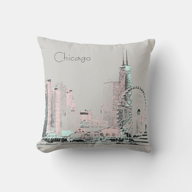 Moderne graue rosa Minze Chicago-Skyline Kissen (Vorderseite)