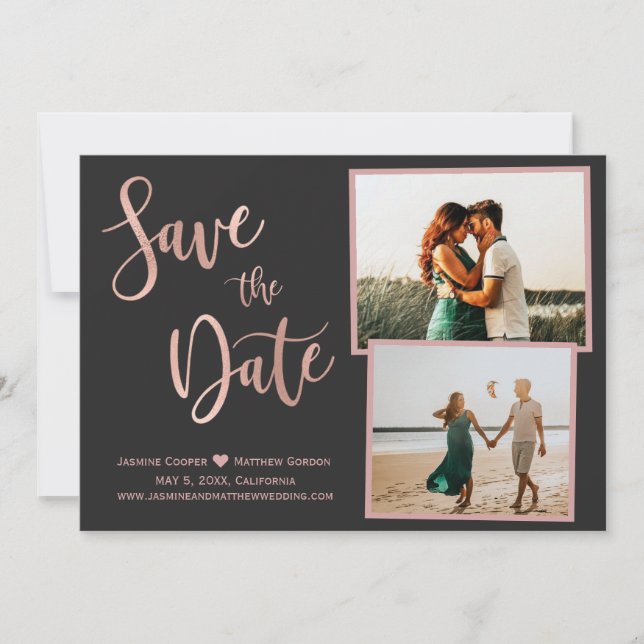 Moderne graue Rose Gold Elegantes Typografie Foto Save The Date (Vorderseite)