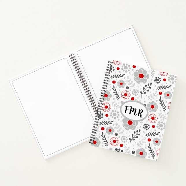 Moderne graue rote Floral Monogramm Sketch Notizbuch (Innenseite)