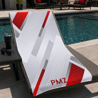 Moderne graue rote geometrische Monogramm Strandtuch