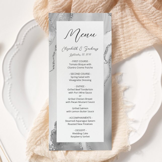 Moderne graue Silber-Achat-Hochzeit Menükarte (Von Creator hochgeladen)
