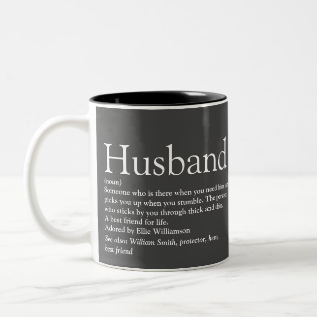 Moderne graue Typografie Spaß Husband Definition Zweifarbige Tasse (Links)