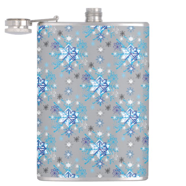 Moderne graue und blaue Holiday Snowflakes Muster Flachmann (Geöffnet)