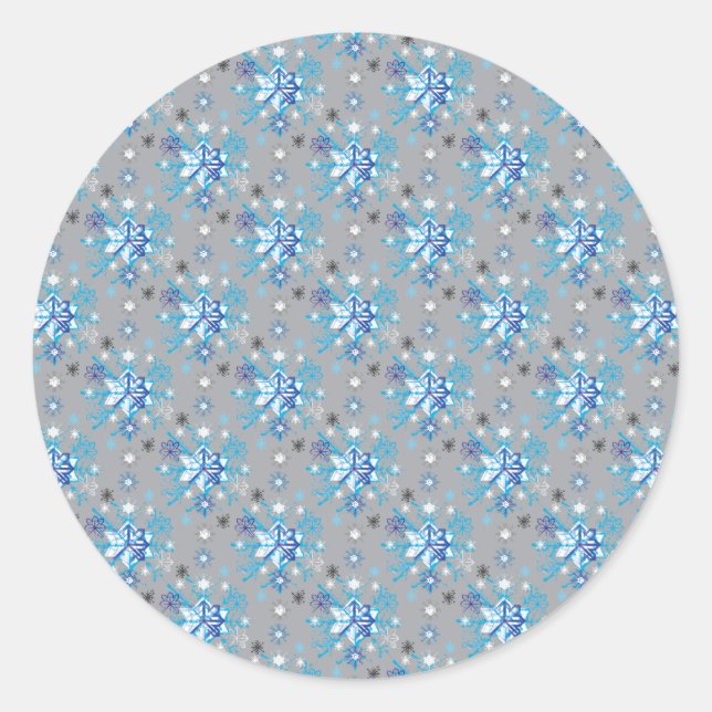 Moderne graue und blaue Holiday Snowflakes Muster Runder Aufkleber (Vorderseite)
